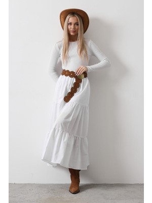 Pamuklu Beli Lastikli Etek - Beyaz