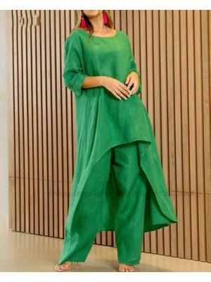 Kadın Uzun Kollu Kayık Yaka Detay Tunik ve Pantolon Ikili Takım