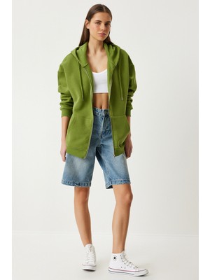 Kapüşonlu Fermuarlı Oversize Sweatshirt LUB0002 FISTIK YEŞİLİ