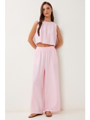 Bağlama Detaylı Bluz Pantolon Takım LRV0104 ŞEKER PEMBE