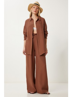 Oversize Müslin Gömlek Pantolon Takım LSA0014 KAHVERENGİ