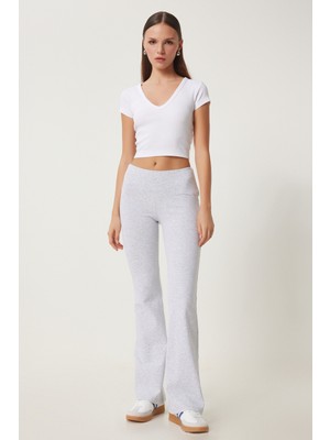 Yüksek Bel İspanyol Paça Örme Tayt LHW0005 AÇIK GRİ