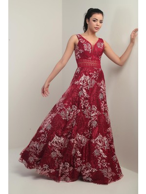 Kadın V Yaka Kalın Askılı Beli Dekolteli Nakışlı Uzun Kloş Elbise