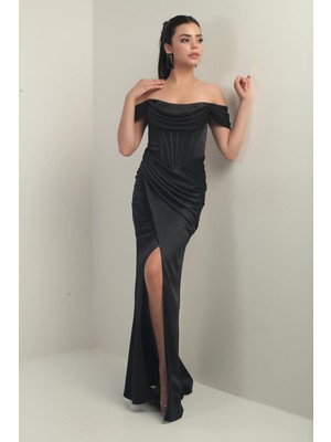 Kadın Straplez Düşük Kollu Astarlı Balenli Saten Uzun Elbise