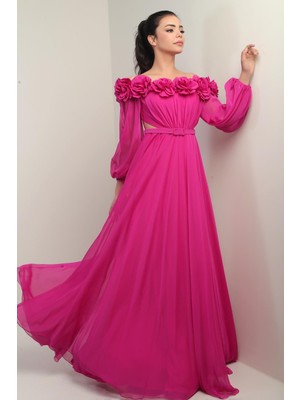 Kadın Çiçekli Madonna Yaka Kemerli Astarlı Şifon Uzun Elbise