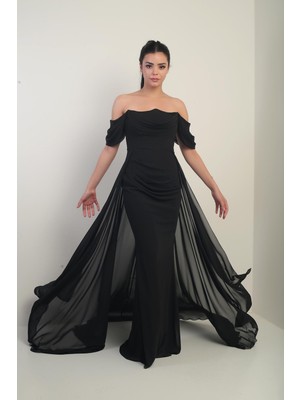 Kadın Düşük Kollu Balenli Astarlı Pelerinli Şifon Uzun Elbise