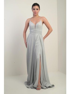 Ip Askılı Astarlı Simli Uzun Abiye Elbise