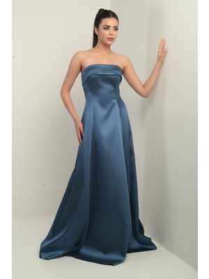 Kadın Straplez Astarlı Cepli Uzun Saten Abiye Elbise