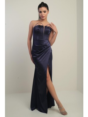 Kadın Straplez Önü Balen Biyeli Astarlı Saten Uzun Elbise