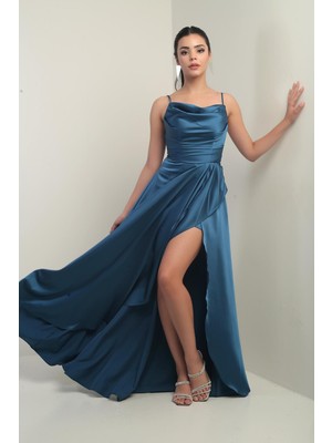 Kadın Ip Askılı Arkadan Bağcıklı Astarlı Volanlı Uzun Saten Elbise