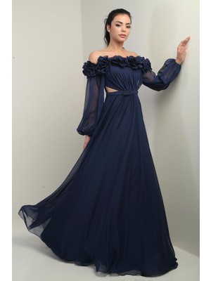 Kadın Çiçekli Madonna Yaka Kemerli Astarlı Şifon Uzun Elbise