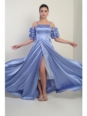 Kadın Ince Askılı Astarlı Takma Kollu Cepli Uzun Saten Elbise