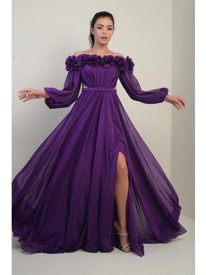 Kadın Çiçekli Madonna Yaka Kemerli Astarlı Şifon Uzun Elbise