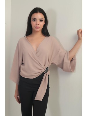 Kadın Kruvaze Yaka Kısa Ayrobin Bluz