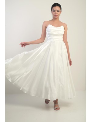 Kadın Degaje Straplez Yaka Astarlı Organze Saten Midi Elbise