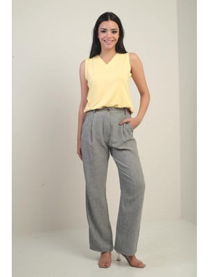 Kadın Beli Lastikli Cepli Pile Detaylı Palazzo Pantolon