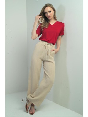 Kadın Müslin Palazzo Beli Lastikli Cepli Pantolon