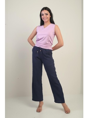 Kadın Müslin Palazzo Beli Lastikli Cepli Pantolon