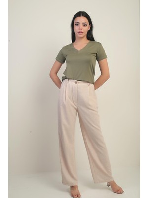 Kadın Beli Lastikli Cepli Pile Detaylı Palazzo Pantolon