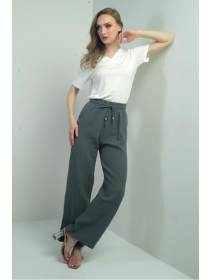 Kadın Müslin Palazzo Beli Lastikli Cepli Pantolon
