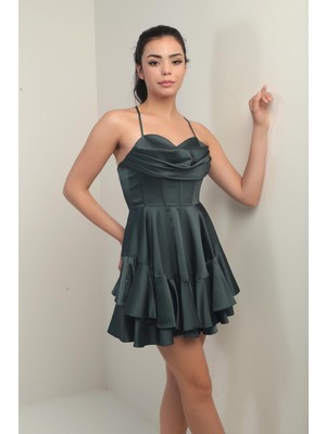 Kadın Ip Askılı Arkadan Bağlamalı Balenli Eteği Katlı Astarlı Saten Kısa Elbise