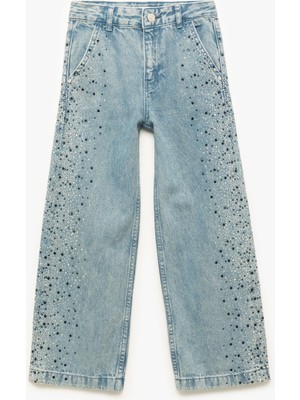 Koton Pamuklu Taş Detaylı Cepli Geniş Paça Denim Pantolon