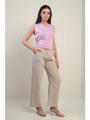 Kadın Müslin Palazzo Beli Lastikli Cepli Pantolon