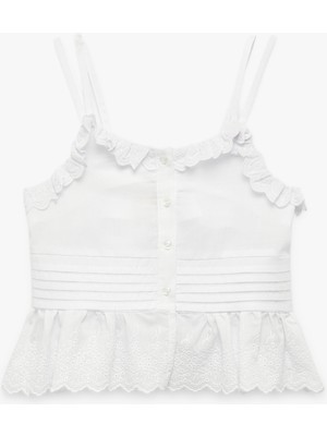 Koton Pamuklu Fırfır Detaylı Brodeli Askılı Crop Bluz