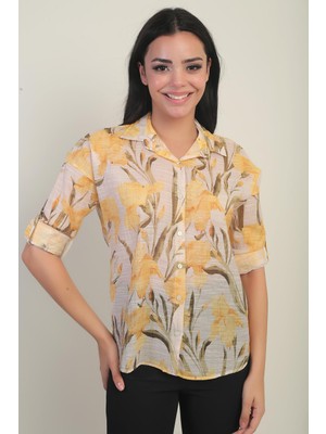 Kadın Büyük Çiçek Desenli Kol Katlamalı Gömlek
