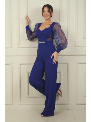 Kadın Kalp Yaka Uzun Tül Kollu Kemerli Palazzo Krep Tulum