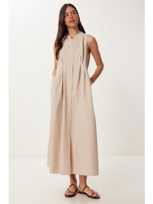 Kolsuz Midi Poplin Gömlek Elbise LMX0093 KREM