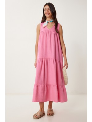 Volanlı Yazlık Müslin Elbise LMX0087 PEMBE