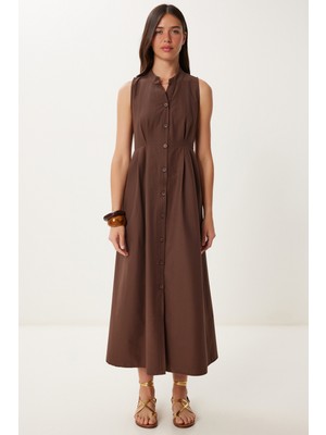 Kolsuz Midi Poplin Gömlek Elbise LMX0093 KAHVERENGİ