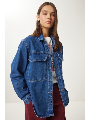 Happiness İstanbul Kadın Oversize Denim Ceket KOYU MAVİ Geniş Cepli Dokuma Kumaş