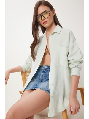 Oversize Basic Müslin Gömlek LMX0002 SU YEŞİLİ