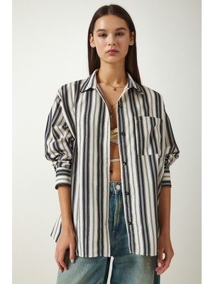 Çizgili Oversize Gömlek LSF0002 KREM SİYAH