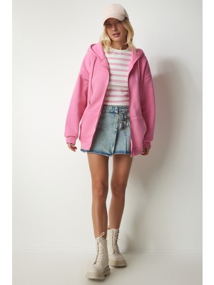 Kapüşonlu Fermuarlı Oversize Sweatshirt LUB0002 PEMBE