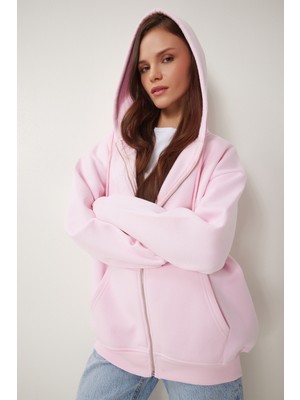Kapüşonlu Fermuarlı Oversize Sweatshirt LUB0002 ŞEKER PEMBE