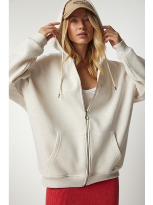Kapüşonlu Fermuarlı Oversize Sweatshirt LUB0002 KREM