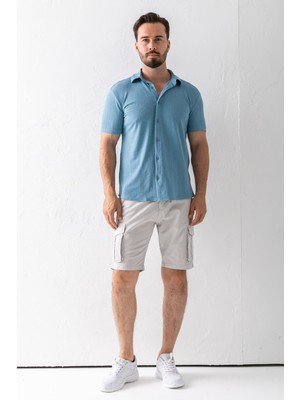 Erkek Kısa Kollu Düğme Kapamalı Dokulu Gömlek Mavi - 30001
