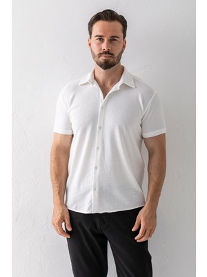 Erkek Kısa Kollu Düğme Kapamalı Dokulu Gömlek Beyaz - 30001