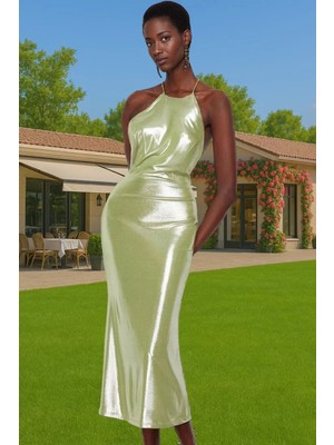 Bodycon Halter Midi Elbise Metalik Örme Polyester Yazlık Modern Stil Mükemmel Uyum Şık Görünüm