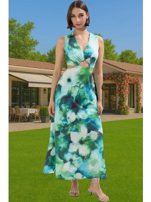 Şık V Yaka Maxi Elbise Keten Görünümlü Dokuma Yazlık Elbise A Line Premium Kalite Zarifane Tasarım