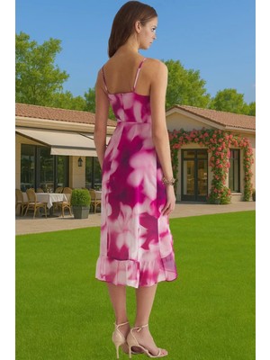 Astarlı Şifon Midi Elbise V Yaka Kruvaze Desenli Kaliteli Işçilik Özenle Seçilmiş Rahat ve Şık