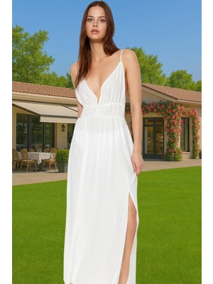 Şık V Yaka Maxi Elbise Crinkle Dokuma Nefes Alan Yazlık Konforlu Kesim Zarifane Tasarım Modern Stil