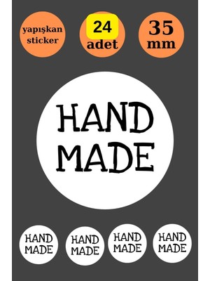 24 Adet Beyaz Handmade Sticker -Paketleme Sticker - Teşekkür Etiketi- Yuvarlak Sticker - El Yapımı Sticker