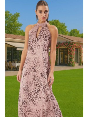 Astarlı Şifon Midi Abiye Elbise Halter Yaka Desenli Yazlık Kaliteli Işçilik Özenle Seçilmiş