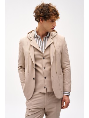 Erkek Bej Slim Fit / Dar Kalıp Mono Yaka Kombinli Takım Elbise