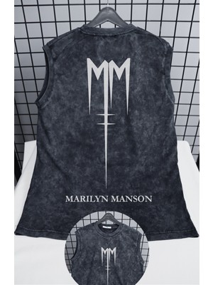 Marilyn Manson Logo Sırt Baskılı Yıkamalı Kolsuz Tişört, Unisex Rock Band Sıfır Kollu Eskitme Atlet