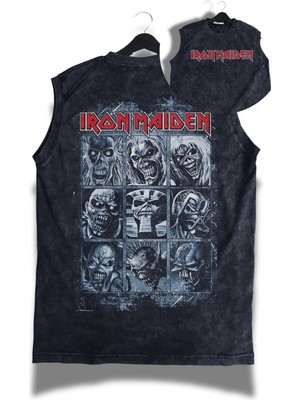 Unisex Rock Band Iron Maiden Sırt Baskılı Yıkamalı Kolsuz Vintage Tişört